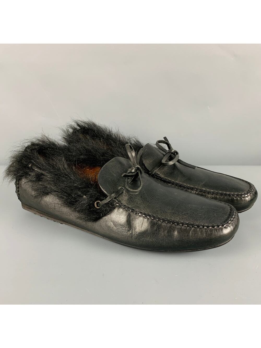 CAR SHOE Size 8 Black Leather Fur Trim Drivers Loafers